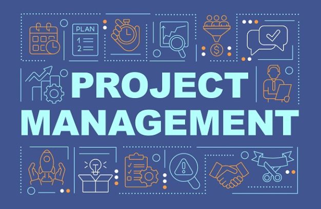 Project management word concepts dark blue banner. Strategy. Infographics with editable icons on color background. Isolated typography. Vector illustration with text. Arial-Black font used